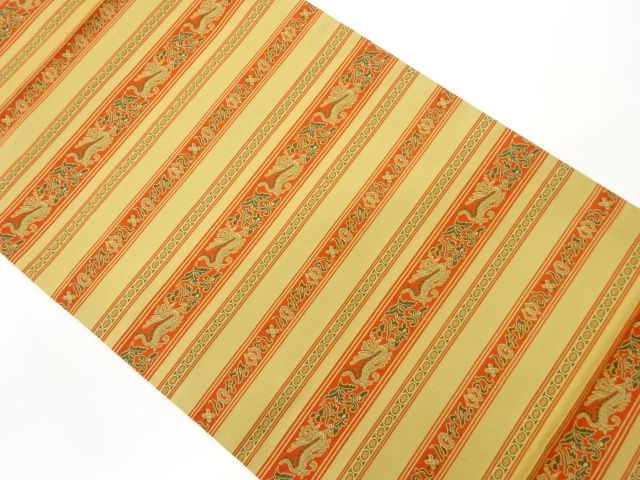 横縞に抽象草葉模様織出し全通袋帯